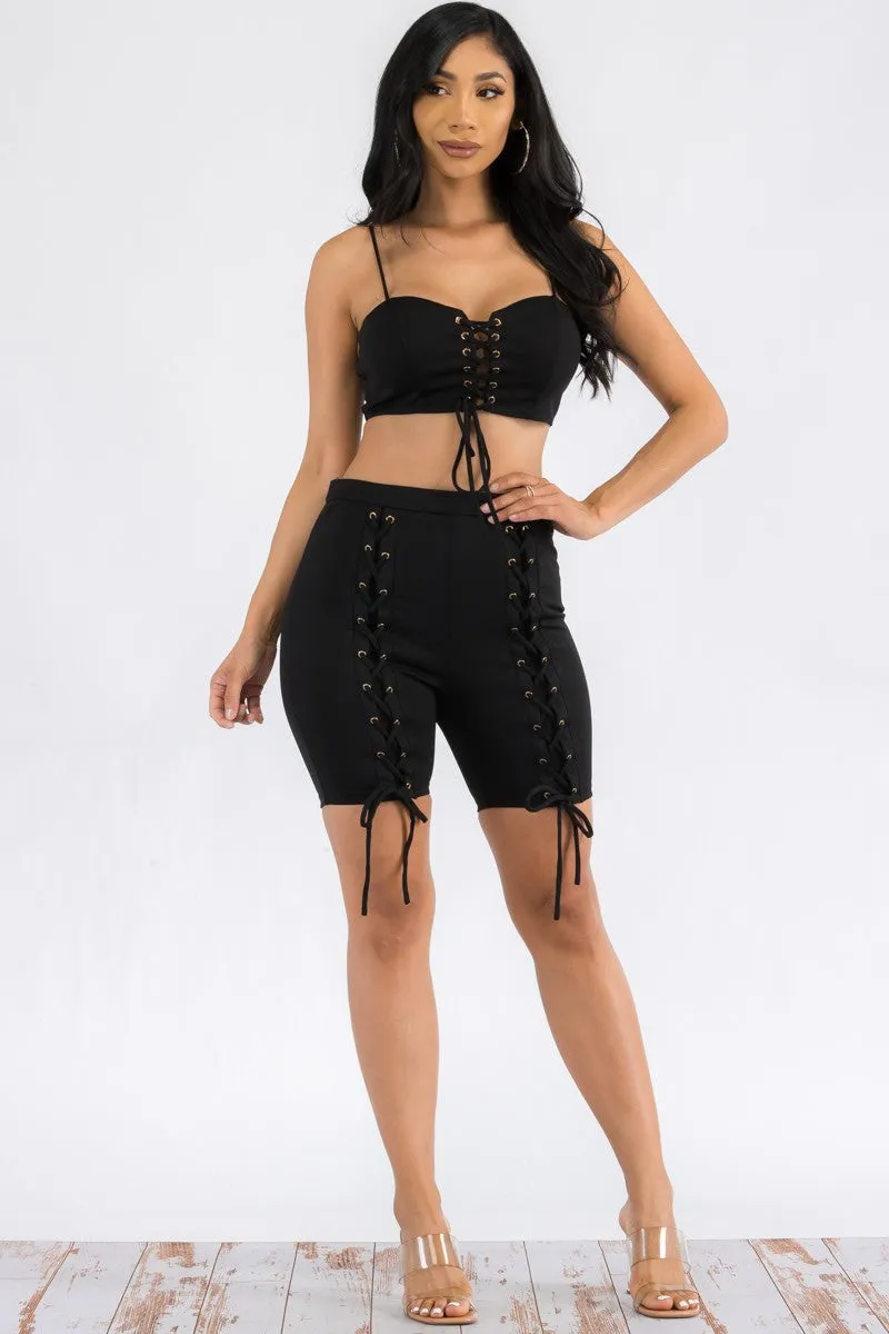 JS2693 - 2 PC Laced Up Top and Shorts