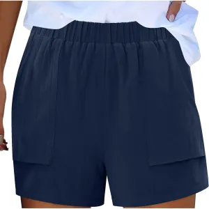 Linen Shorts for Women Summer Casual High Waisted Trousers Lightweight Drawstring Beach Loose Shorts with Pockets
