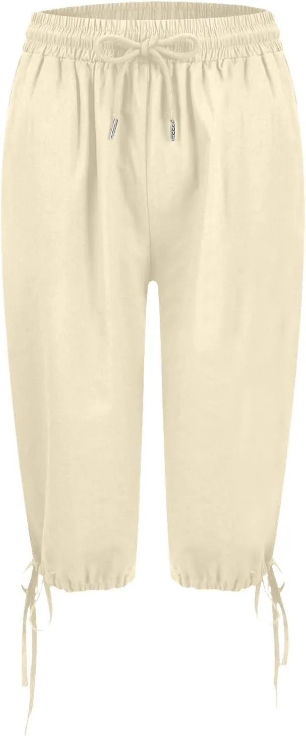 Linen Trousers for Women Solid Color Casual Side Lace Summer Drawstring Pants with Pocket for Beach Vacations