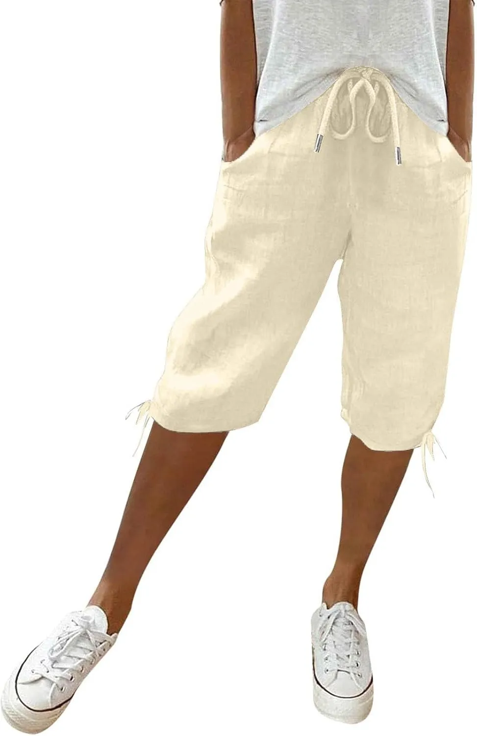 Linen Trousers for Women Solid Color Casual Side Lace Summer Drawstring Pants with Pocket for Beach Vacations