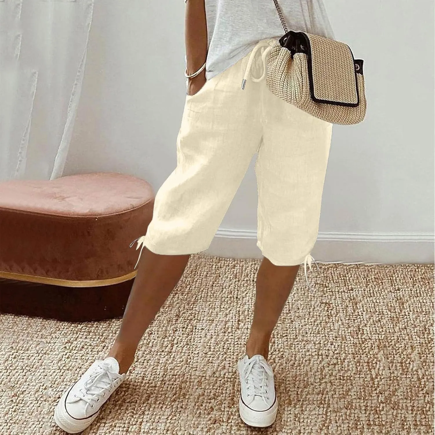 Linen Trousers for Women Solid Color Casual Side Lace Summer Drawstring Pants with Pocket for Beach Vacations