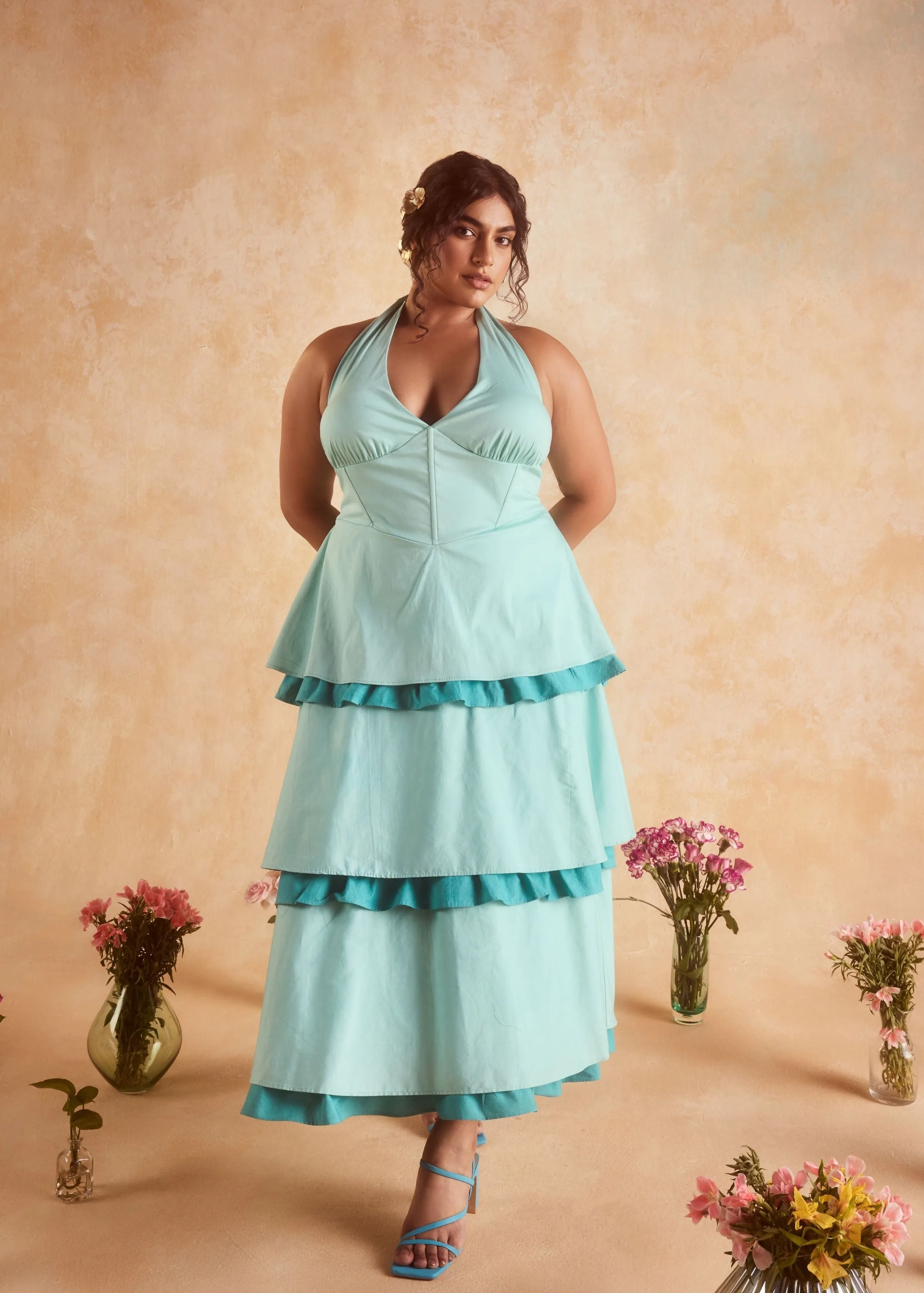 Lova Teal Corset Ruffled Dress