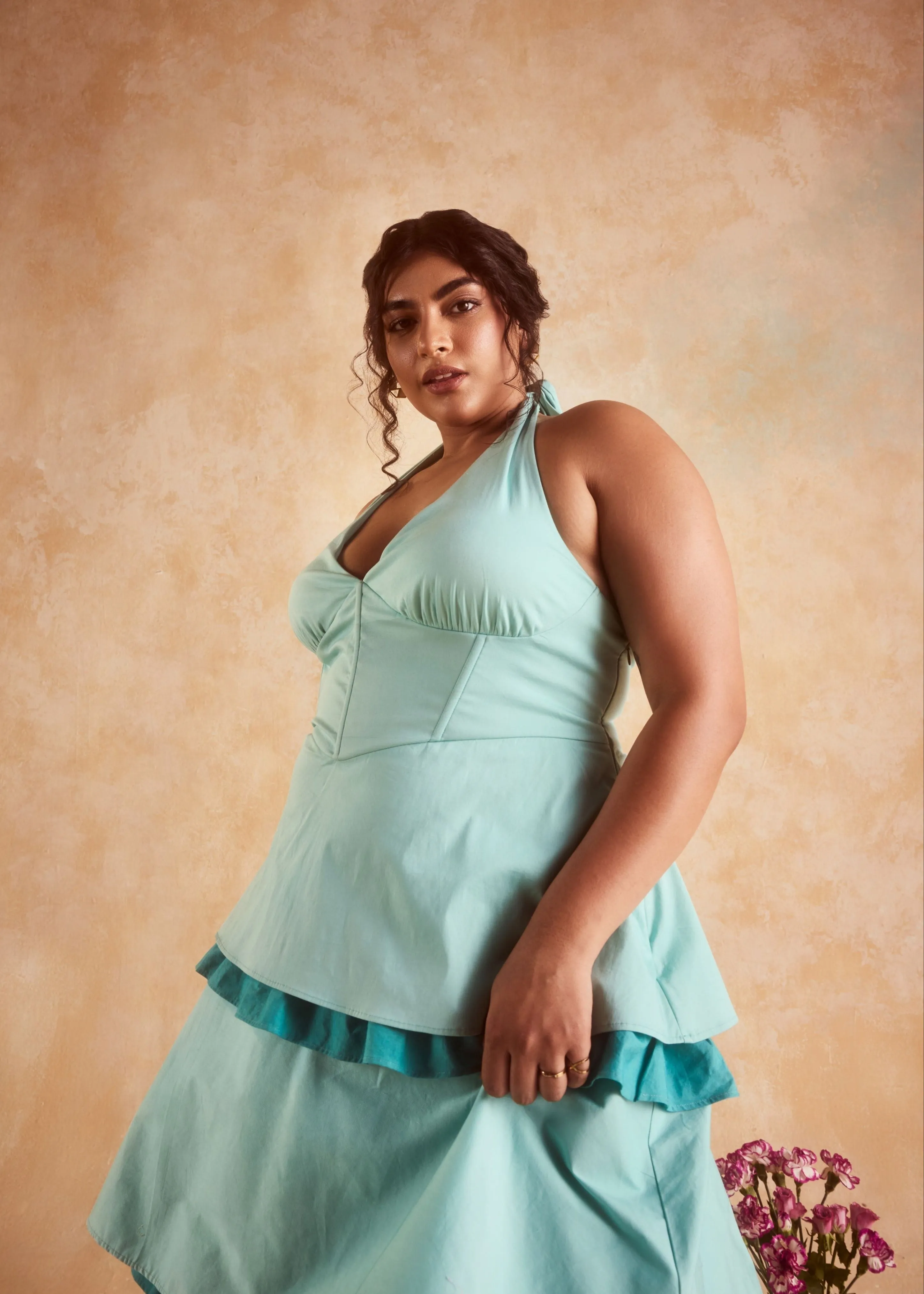 Lova Teal Corset Ruffled Dress