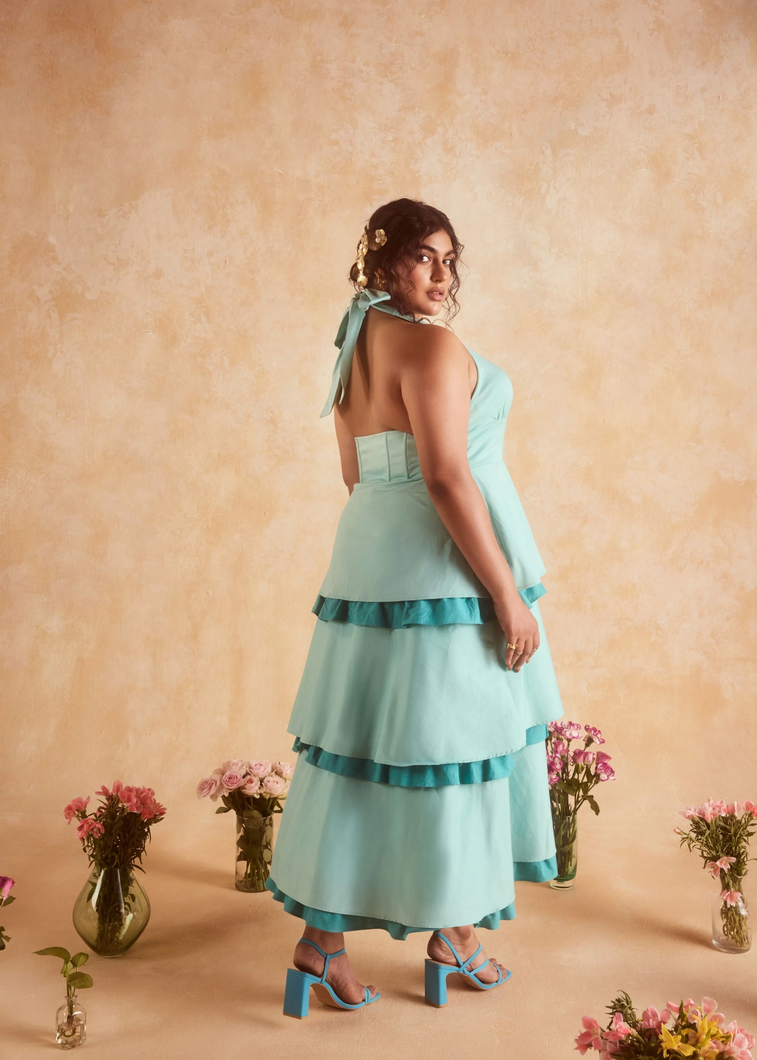 Lova Teal Corset Ruffled Dress