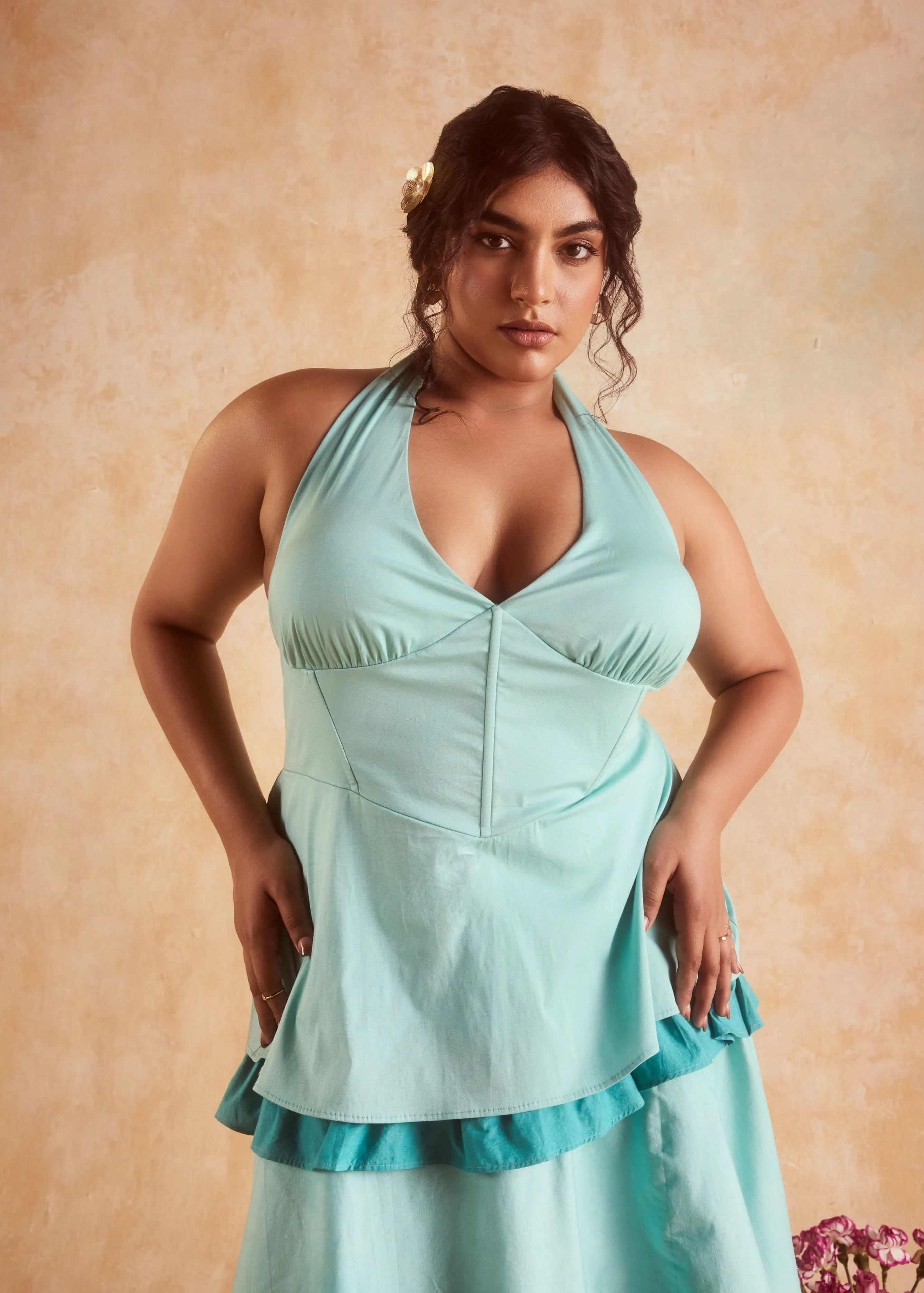 Lova Teal Corset Ruffled Dress