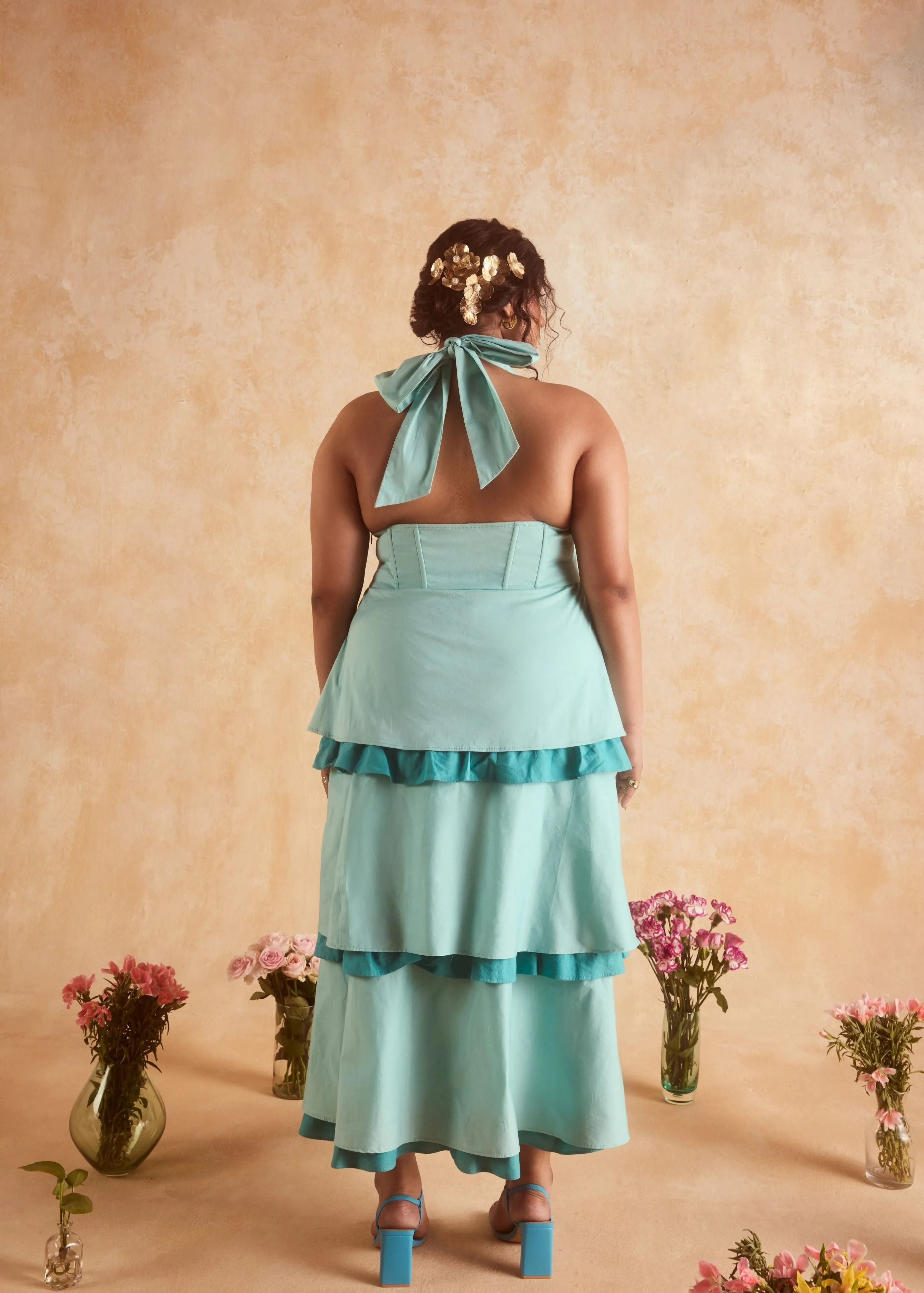 Lova Teal Corset Ruffled Dress