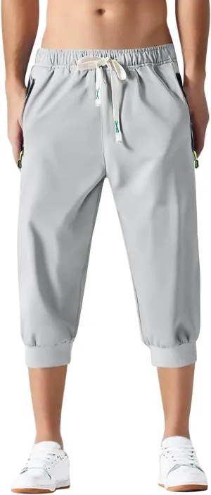 Mens Causal Shorts Slim Fit Elastic Waist Stretch Summer Athletic Shorts Lightweight Drawstring Athletic Hiking Capri Pants