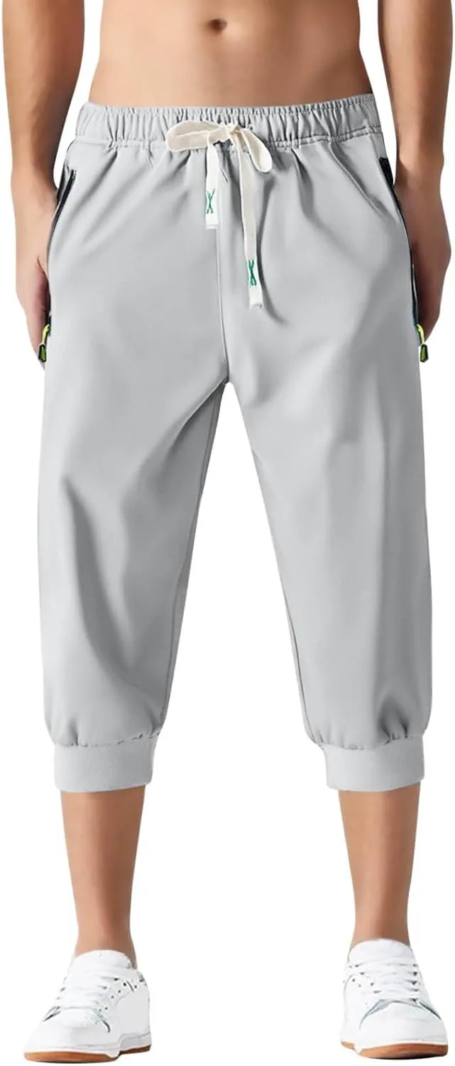 Mens Causal Shorts Slim Fit Elastic Waist Stretch Summer Athletic Shorts Lightweight Drawstring Athletic Hiking Capri Pants