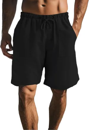 Mens Cotton Linen Shorts Casual Loose Fit Drawstring Elastic Waist 7Inch Inseam Shorts Stretch Summer Beach Wear