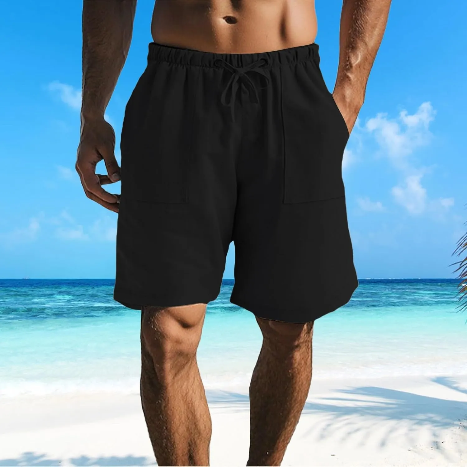 Mens Cotton Linen Shorts Casual Loose Fit Drawstring Elastic Waist 7Inch Inseam Shorts Stretch Summer Beach Wear