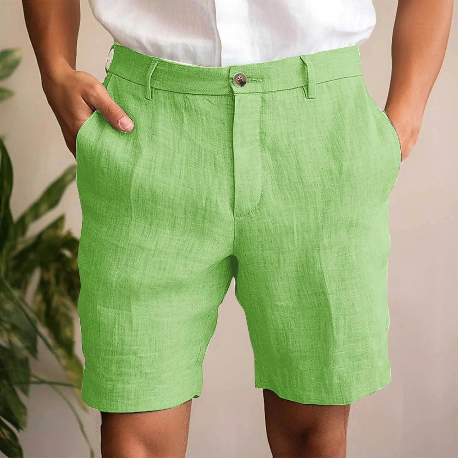 Mens Cotton Linen Shorts Flat Front Business Casual Dress Pants Button Up Elastic Waist Summer Beach Slim Fit Short