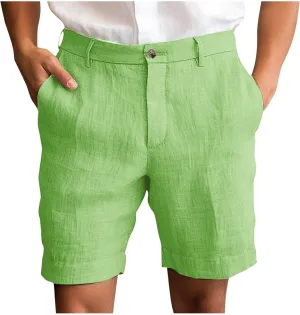 Mens Cotton Linen Shorts Flat Front Business Casual Dress Pants Button Up Elastic Waist Summer Beach Slim Fit Short