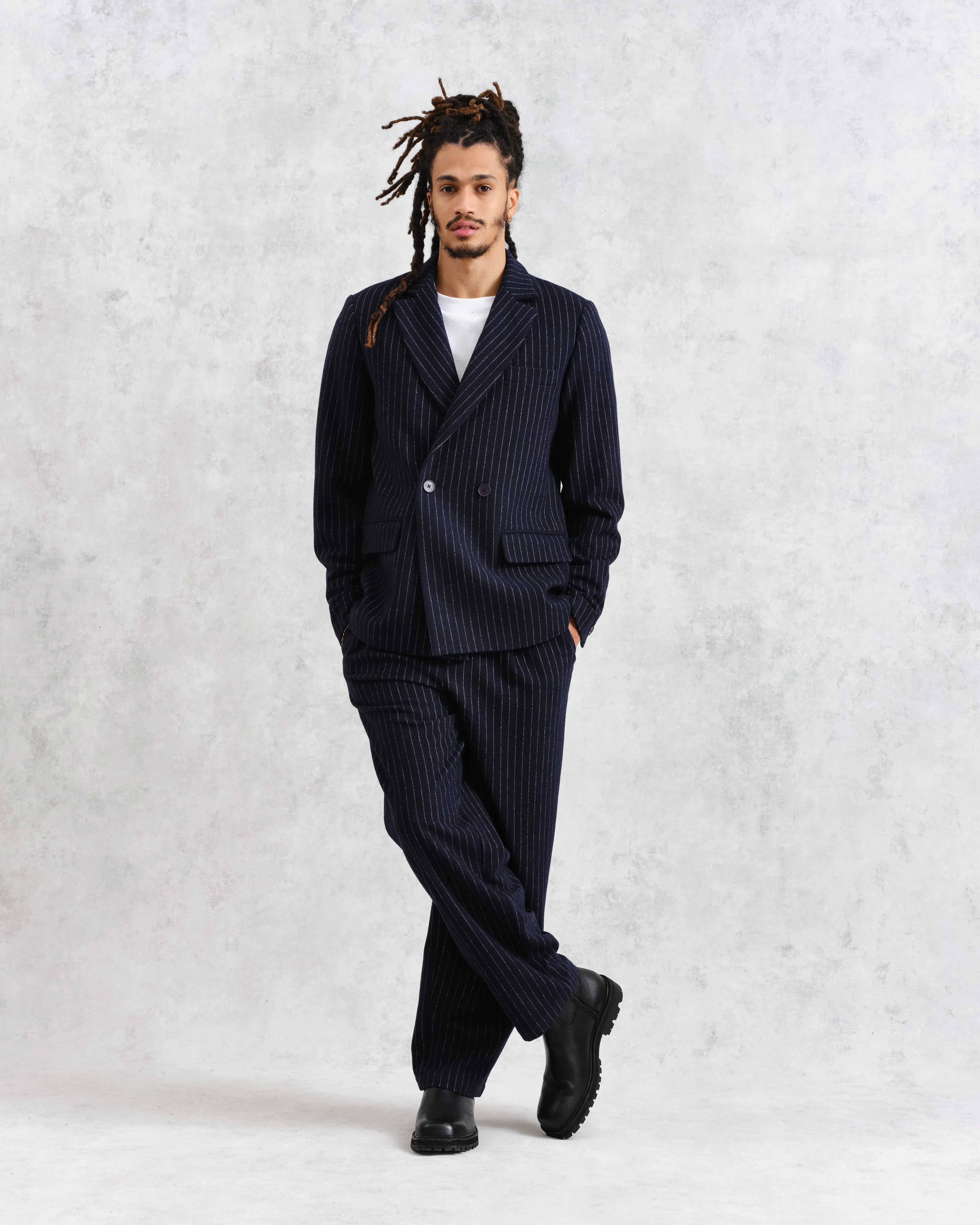 Modestique london| Navy Pinstripe Wool Trousers