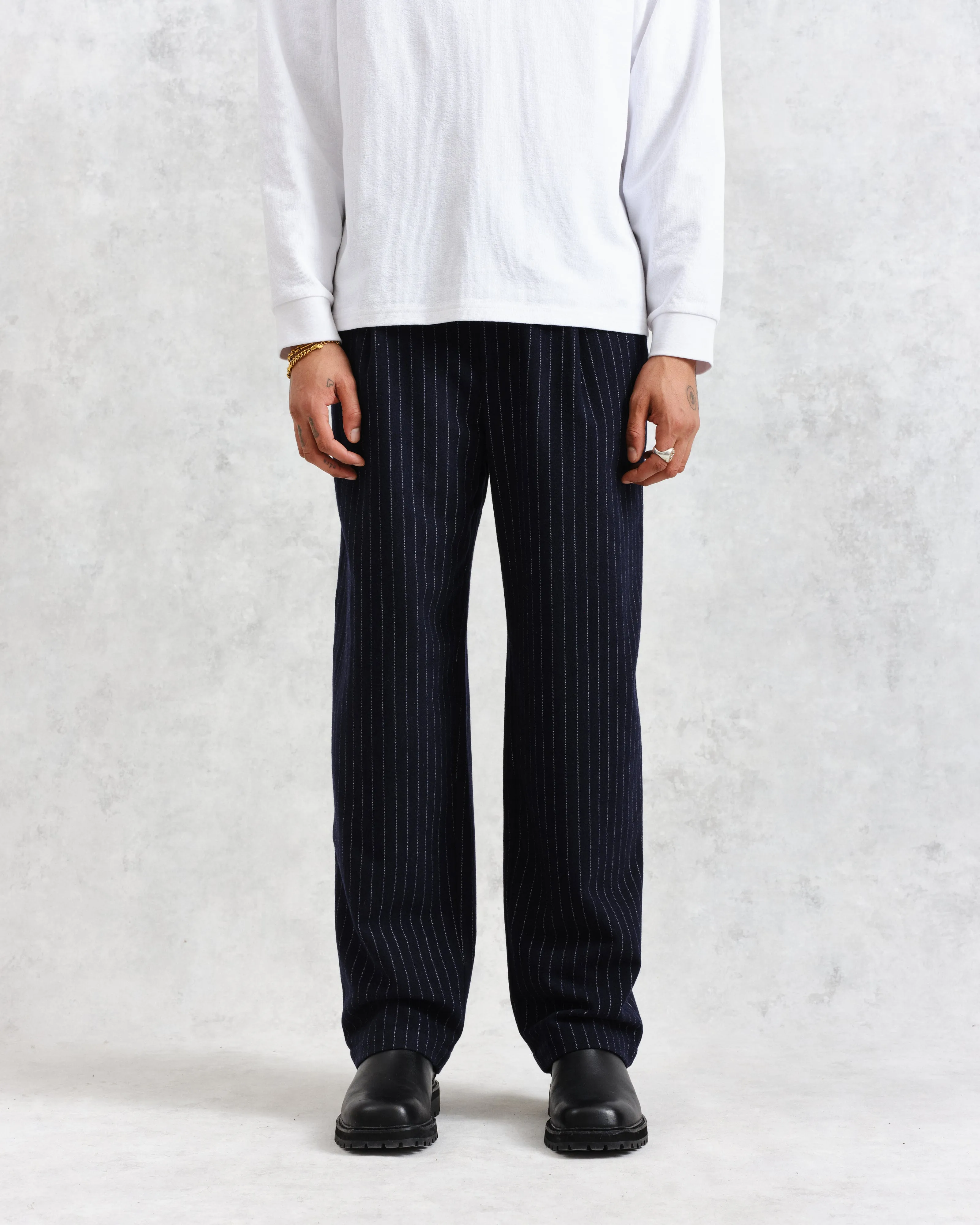 Modestique london| Navy Pinstripe Wool Trousers