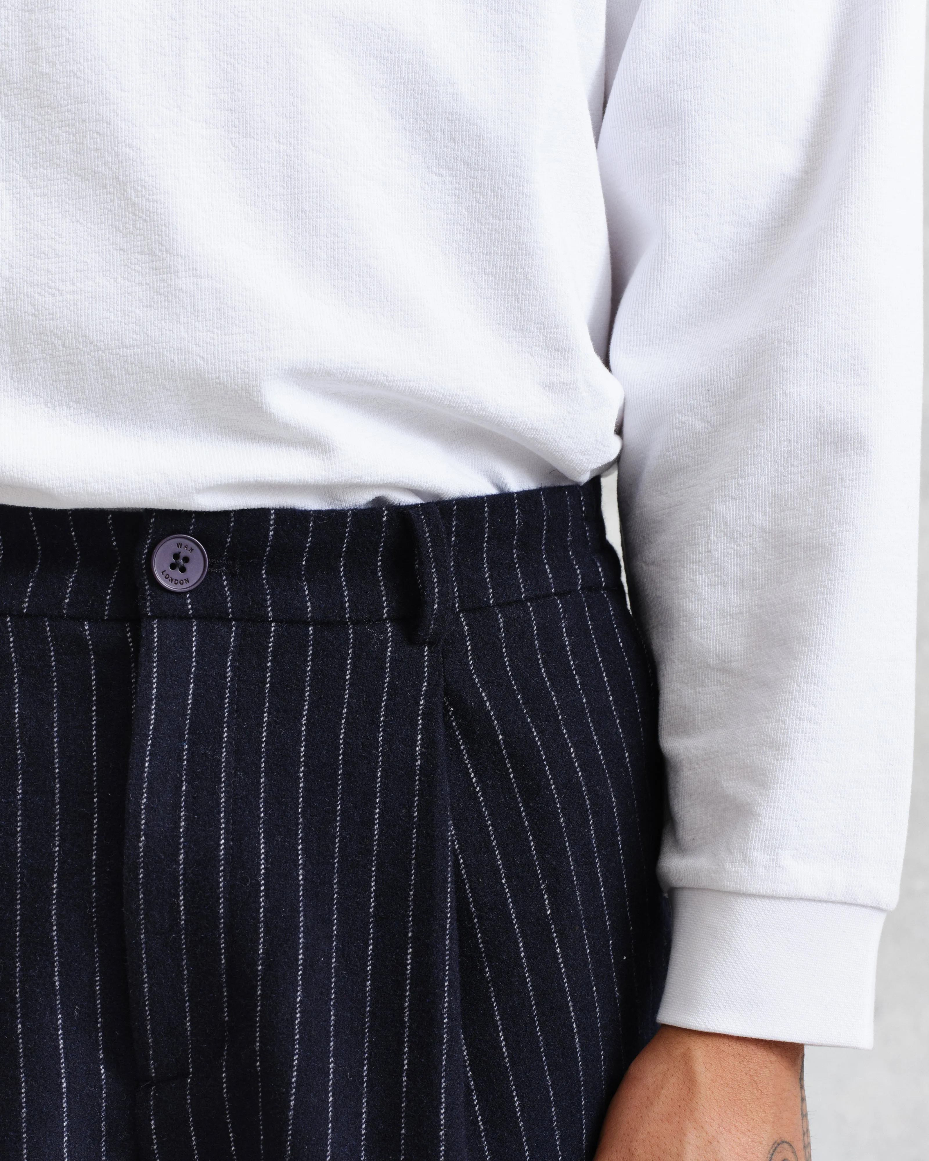 Modestique london| Navy Pinstripe Wool Trousers