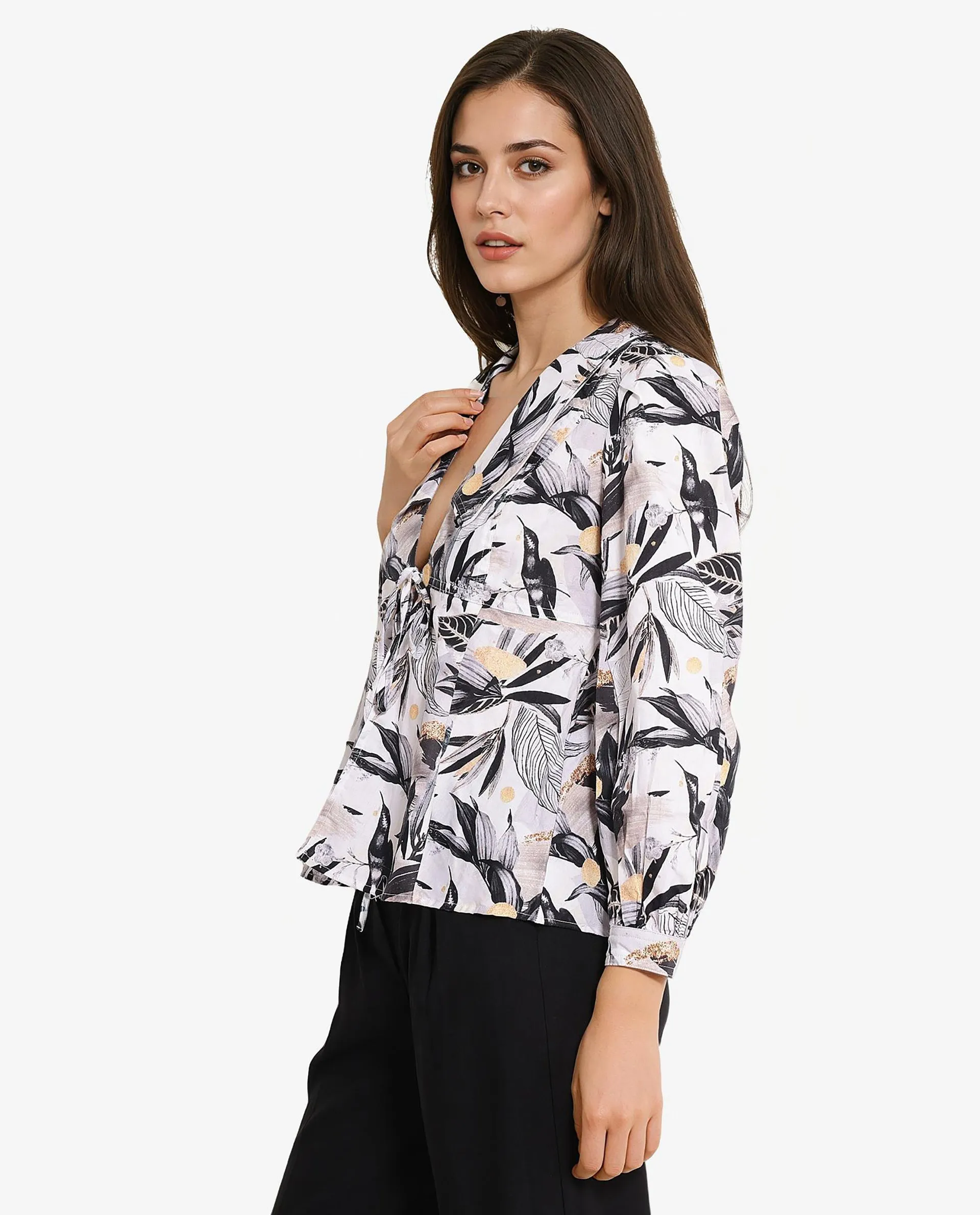 Rareism Women Stevieo-T Multi Cuffed Sleeve Lapel Neck Loop Abstract Print Top