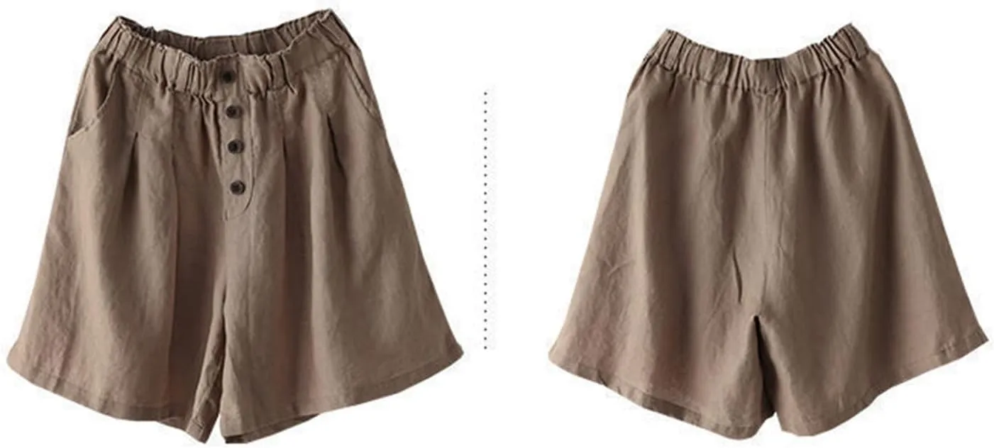 Summer Casual Linen Shorts for Women Wide Leg Lightweight Elastic Waist High Waisted Beach Shorts with Pockets