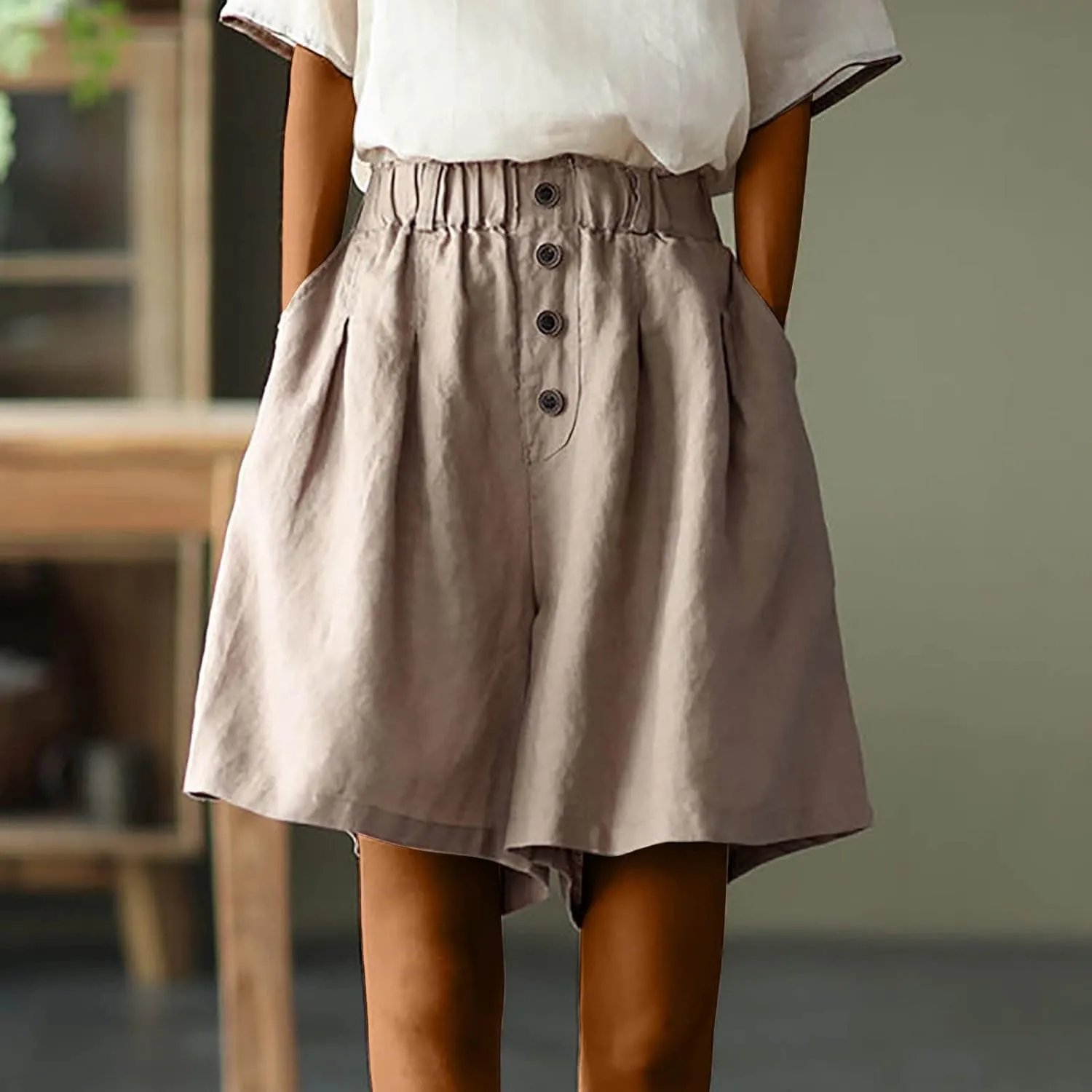 Summer Casual Linen Shorts for Women Wide Leg Lightweight Elastic Waist High Waisted Beach Shorts with Pockets