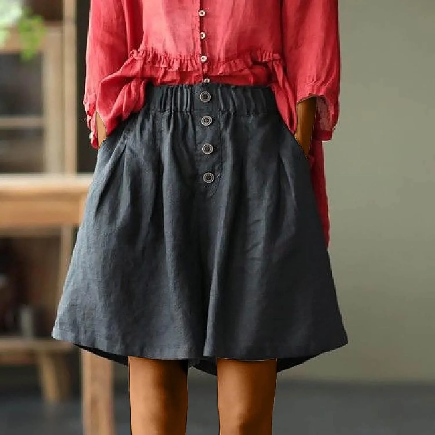 Summer Casual Linen Shorts for Women Wide Leg Lightweight Elastic Waist High Waisted Beach Shorts with Pockets