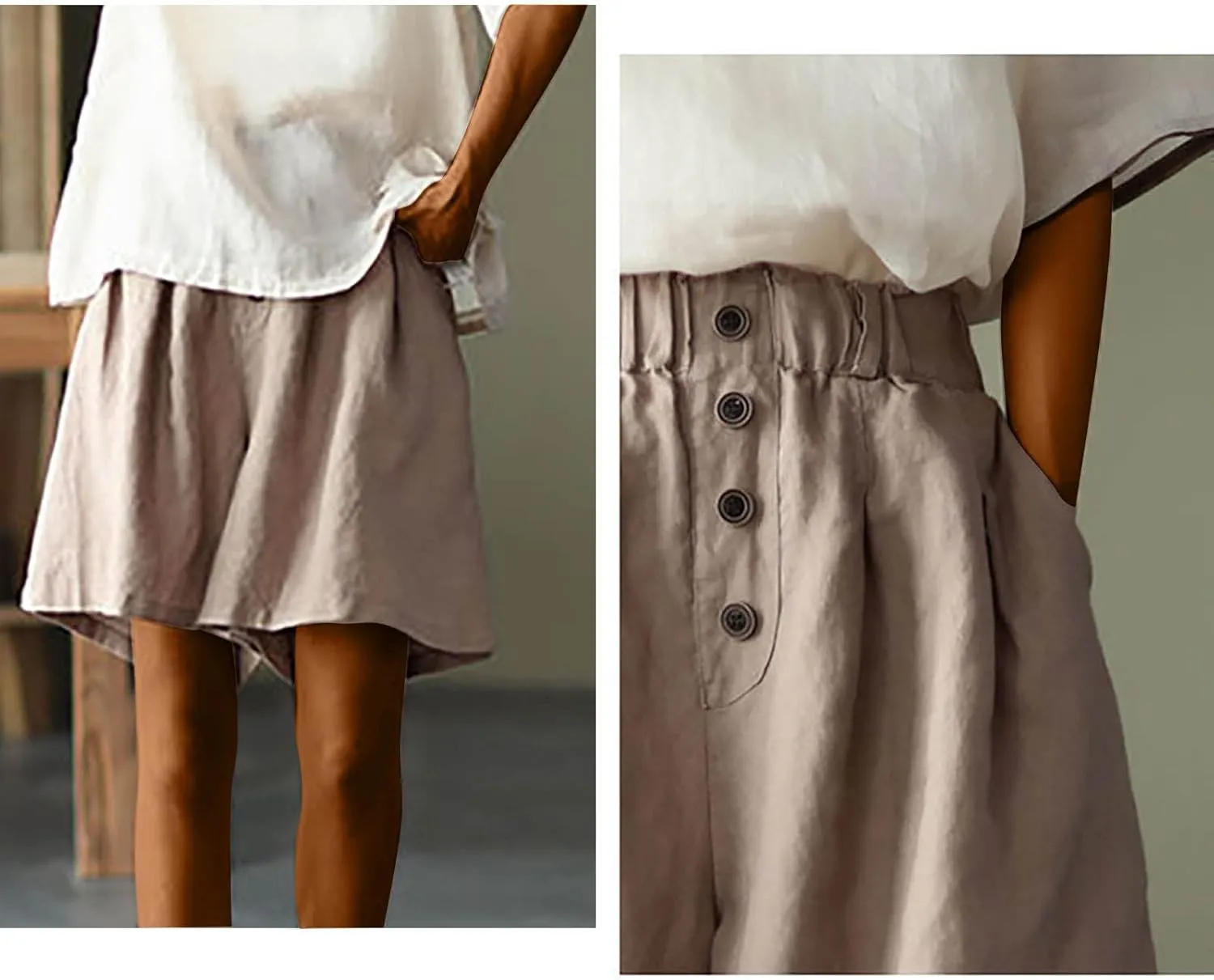 Summer Casual Linen Shorts for Women Wide Leg Lightweight Elastic Waist High Waisted Beach Shorts with Pockets