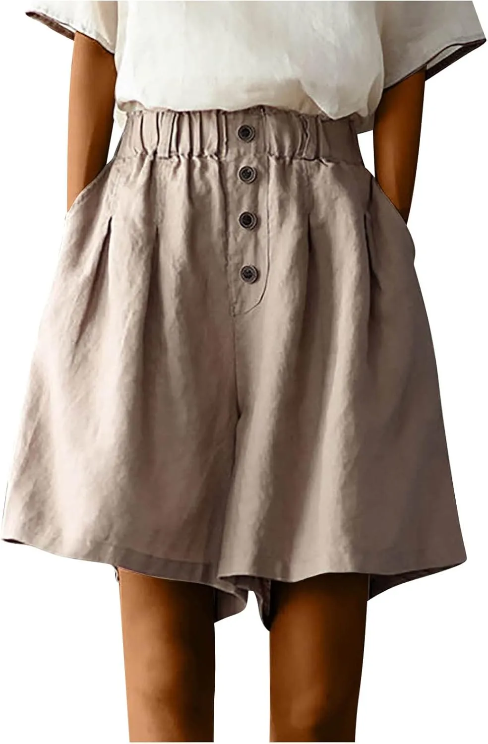 Summer Casual Linen Shorts for Women Wide Leg Lightweight Elastic Waist High Waisted Beach Shorts with Pockets