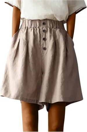 Summer Casual Linen Shorts for Women Wide Leg Lightweight Elastic Waist High Waisted Beach Shorts with Pockets