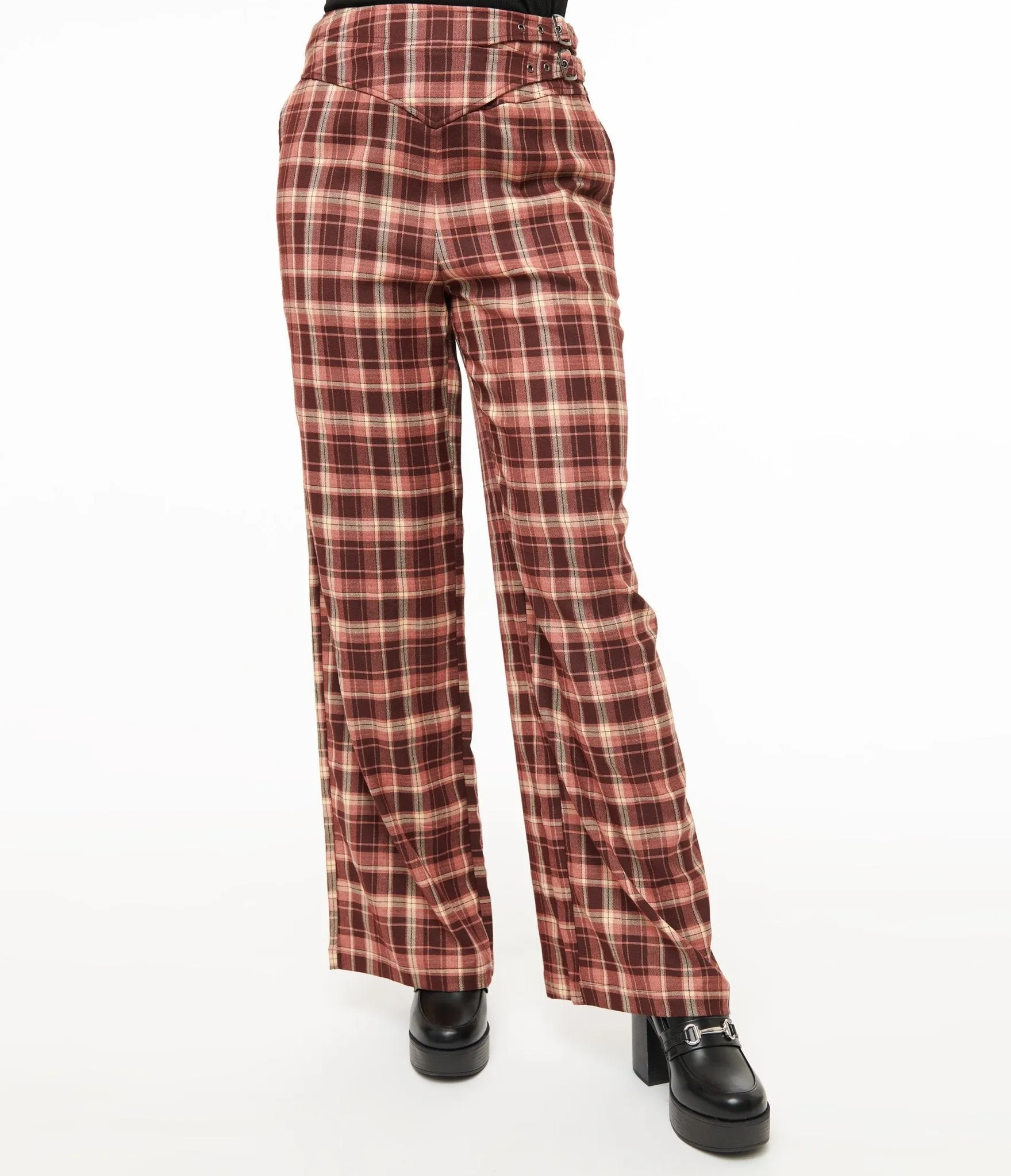 Unique Vintage Burgundy Plaid Double Belt Woven Pants