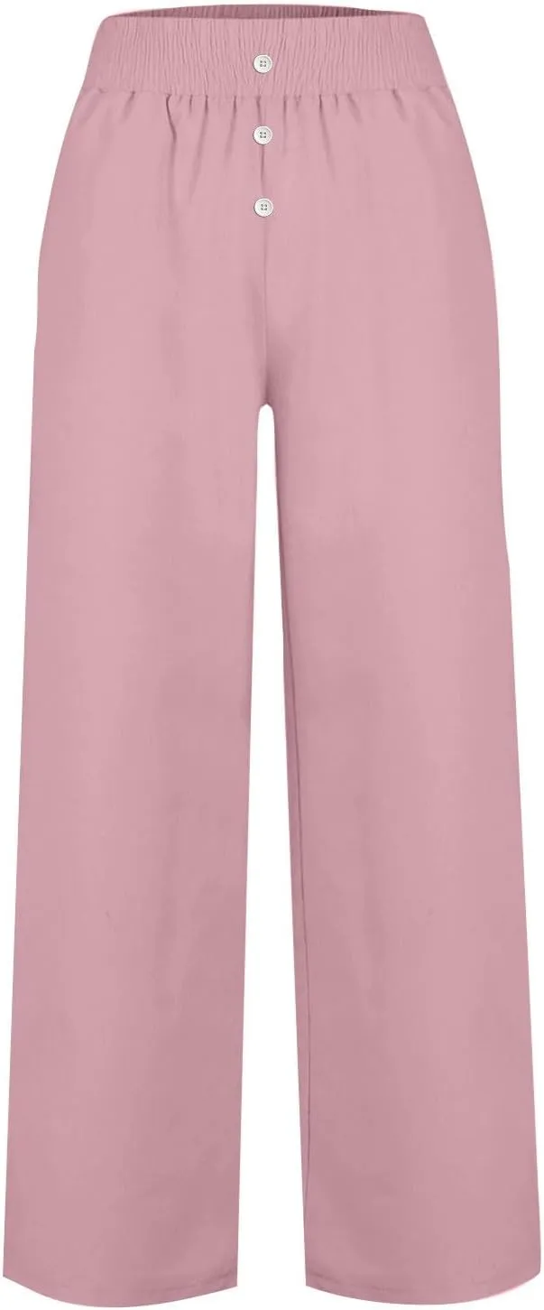 Women High Waist Wide Leg Linen Palazzo Pants with Pockets Loose Summer Button Elastic Waist Beach Lounge Trousers