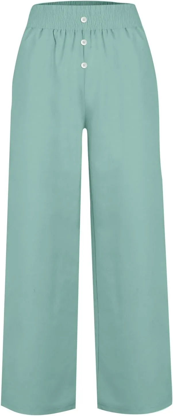 Women High Waist Wide Leg Linen Palazzo Pants with Pockets Loose Summer Button Elastic Waist Beach Lounge Trousers