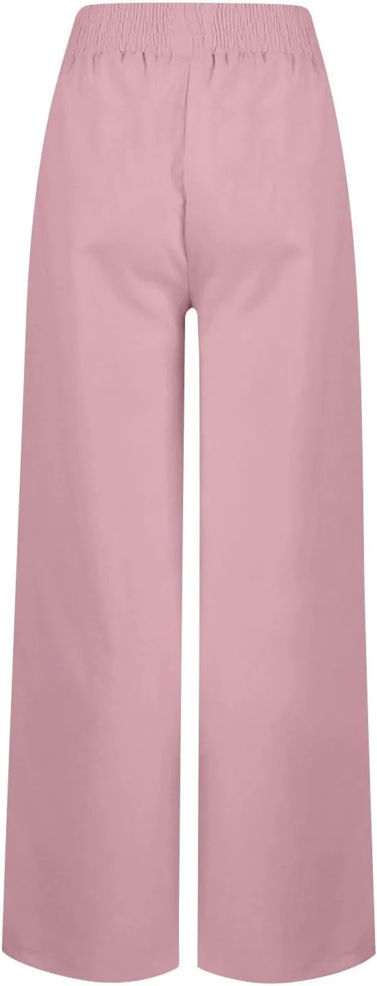 Women High Waist Wide Leg Linen Palazzo Pants with Pockets Loose Summer Button Elastic Waist Beach Lounge Trousers