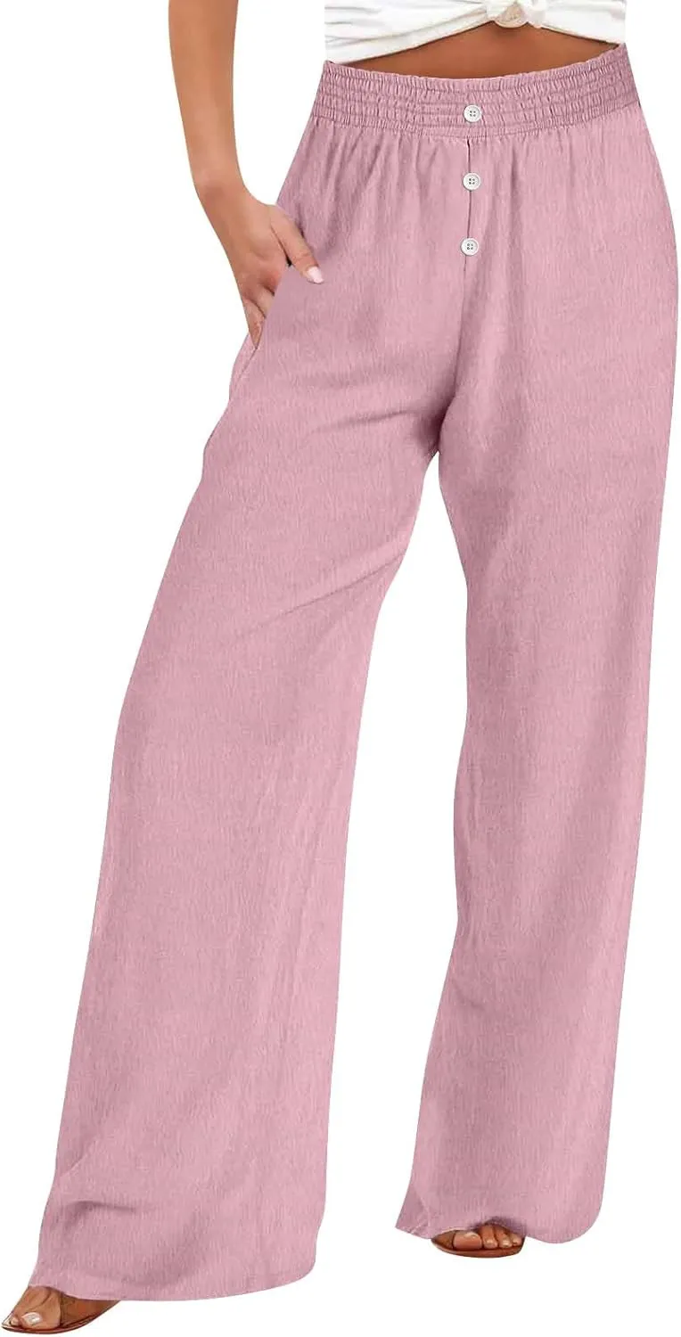 Women High Waist Wide Leg Linen Palazzo Pants with Pockets Loose Summer Button Elastic Waist Beach Lounge Trousers