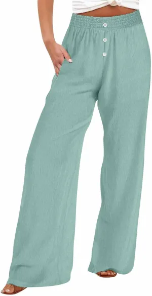 Women High Waist Wide Leg Linen Palazzo Pants with Pockets Loose Summer Button Elastic Waist Beach Lounge Trousers