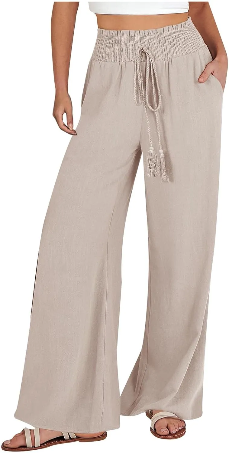 Womens Flowy Linen Pant with Pockets Wide Leg Palazzo Elastic Waist Pants Casual Dressy Summer Trousers