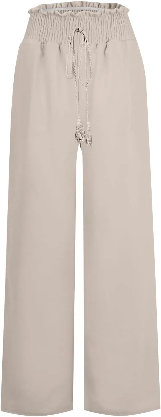 Womens Flowy Linen Pant with Pockets Wide Leg Palazzo Elastic Waist Pants Casual Dressy Summer Trousers