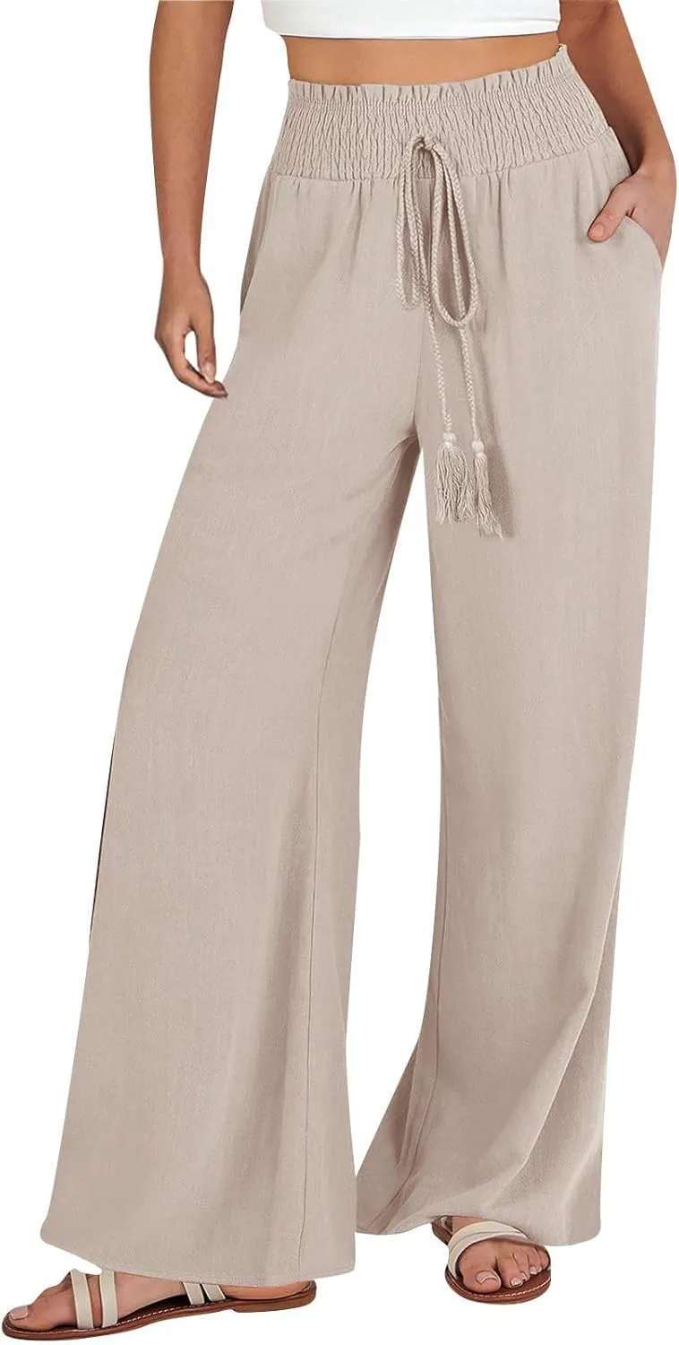 Womens Flowy Linen Pant with Pockets Wide Leg Palazzo Elastic Waist Pants Casual Dressy Summer Trousers